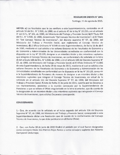 Resolución Exenta N° 1941, del 11 de agosto de 2015, que establece la conformación del Consejo Técnico de Inversiones (CTI).