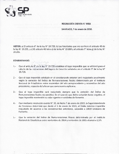Resolución Exenta N°0026, del 7 de enero de 2016: Tope imponible