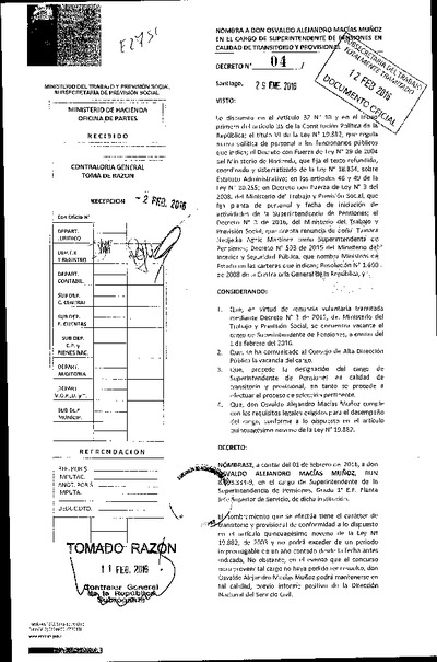 Decreto N° 4, del 29 de enero de 2016, nombra a Osvaldo Macías Muñoz en el cargo de superintendente de Pensiones.