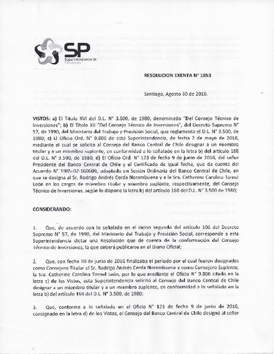 Resolución N° 1.853 del 30 de agosto de 2016 sobre conformación del CTI