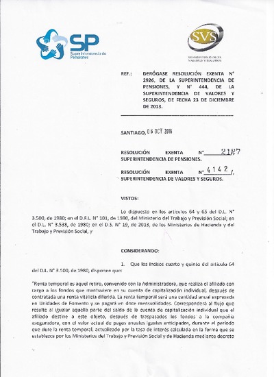 Resolución N° 2.127 del 6 de octubre de 2016 sobre ajuste de tasas para retiro programado y renta temporal