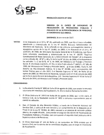 Resolución Exenta N° 56, del 16 de enero de 2017, que nombra a Jorge Mastrangelo en el cargo de intendente de Fiscalización de Prestadores Públicos y Privados de la Superintendencia de Pensiones.