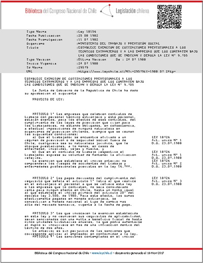 Ley N° 18.156, del 25 de agosto de 1982, que establece exención o devolución de cotizaciones previsionales a los técnicos extranjeros y a las empresas que los contraten bajo esa misma ley.