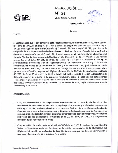 Resolución N° 25 del 25 de marzo de 2019. Régimen de inversión de los Fondos de Cesantía