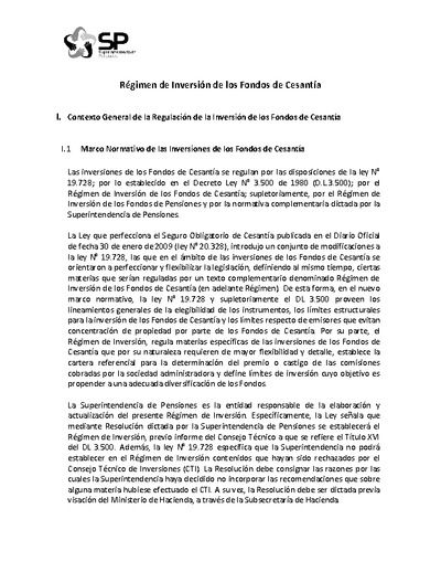 Régimen de Inversión del Fondo de Cesantía Solidario vigente a partir del 1 de enero de 2020