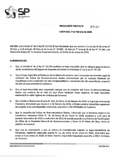 Resolución Exenta N° 0440, del 7 de febrero de 2020, que fija topes imponibles vigentes durante 2020 para el pago de cotizaciones al seguro de cesantía.