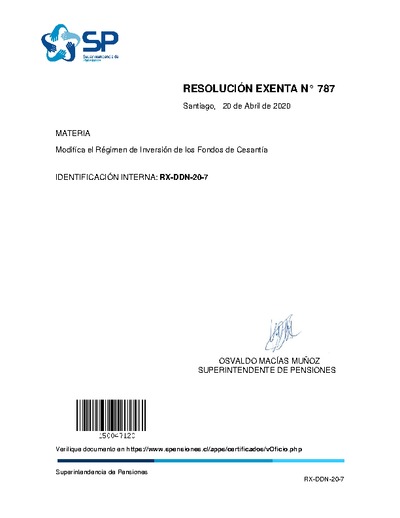 Resolución Exenta N° 787, del 20 de abril de 2020, que modifica el Régimen de Inversión de los Fondos de Cesantía.