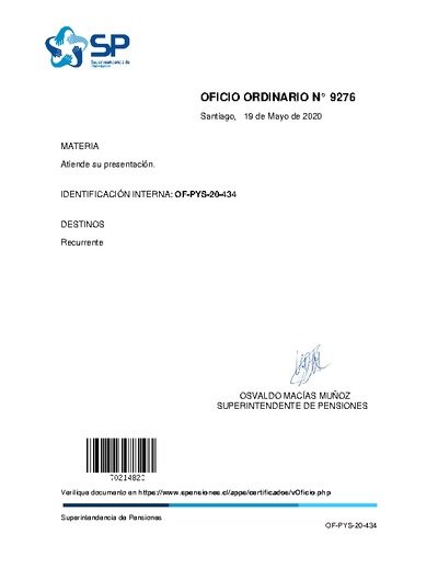 Oficio Ordinario Nº 9276, del 19 de mayo de 2020, que atiende presentación de la Asociación Gremial de Asesores Previsionales de Chile de fecha 07/04/2020.