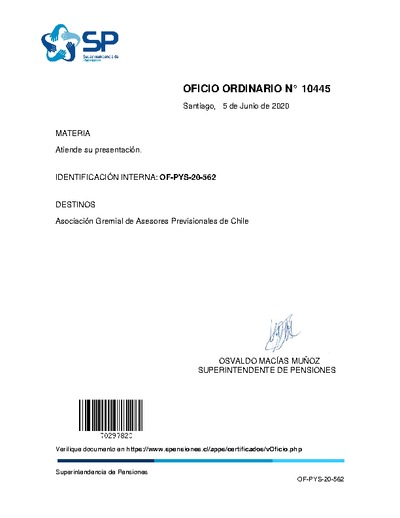 Oficio Ordinario N° 10445, del 5 de junio de 2020, que atiende presentación de la Asociación Gremial de Asesores Previsionales de Chile de fecha 07/05/2020.
