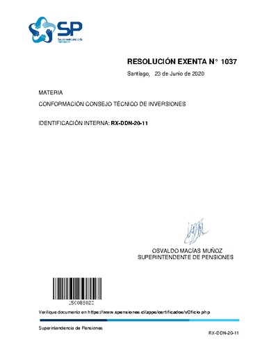Resolución Exenta N° 1037, del 23 de junio de 2020, que establece la conformación del Consejo Técnico de Inversiones (CTI).