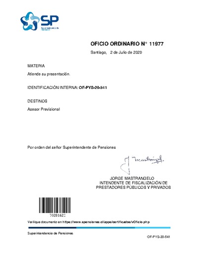 Oficio Ordinario Nº 11977, del 2 de julio de 2020, que informa por requerimiento de entrega de credencial requerida para fines que indica.