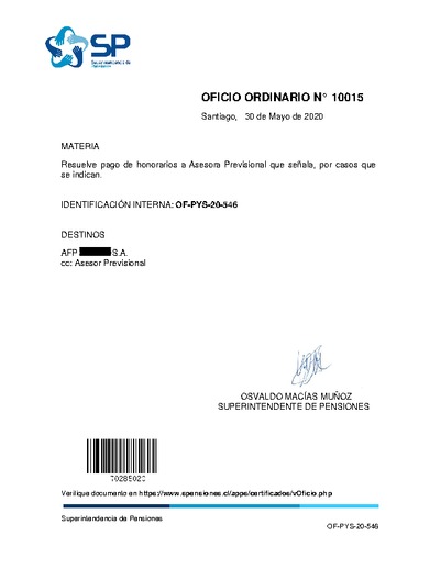 Oficio Ordinario N° 10015, del 30 de mayo de 2020, que resuelve el pago de honorarios por selección de modalidad en renta vitalicia anulada, por baja en valores cuotas.
