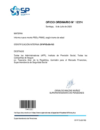 Oficio Ordinario Nº 12374, del 9 de julio de 2020, que informa nuevo monto Pensión Básica Solidaria (PBS) y Pensión Máxima con Aporte Solidario (PMAS), según tramo de edad.