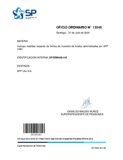 Oficio Ordinario N° 13549, del 27 de julio de 2020, que instruye medidas respecto de límites de inversión de fondos administrados por AFP UNO.