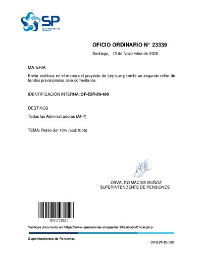 Oficio Ordinario N° 23339, del 12 de noviembre de 2020, que envía archivos en el marco del proyecto de ley que permite un segundo retiro de fondos previsionales para comentarios.