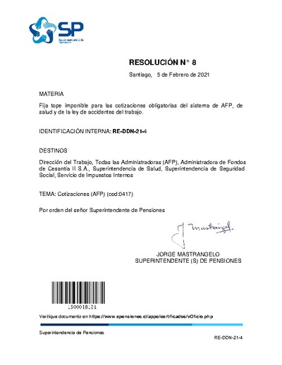 Resolución N° 8, del 5 de febrero de 2021, que fija el tope imponible para las cotizaciones obligatorias del sistema de AFP, de salud y de la ley de accidentes del trabajo.