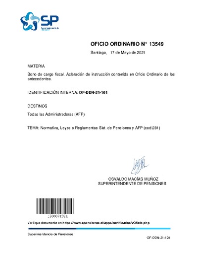 Oficio Ordinario N° 13549, del 17 de mayo de 2021, sobre bono de cargo fiscal. Aclaración de instrucción contenida en Oficio Ordinario de los antecedentes.