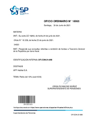Oficio Ordinario N° 18965, del 30 de junio de 2021, que responde sus consultas referidas a rendición de fondos a Tesorería General de la República por bono fiscal.