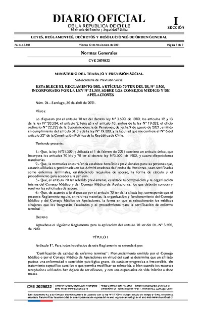 Decreto N° 24, del 12 de noviembre de 2021, que establece el Reglamento del artículo 70 ter del Decreto Ley N° 3.500, incorporado por la Ley N° 21.309, sobre los Consejos Médicos y de Apelaciones.