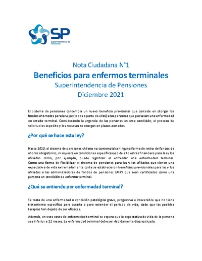 Nota Ciudadana N°1: Beneficios para enfermos terminales, diciembre 2021
