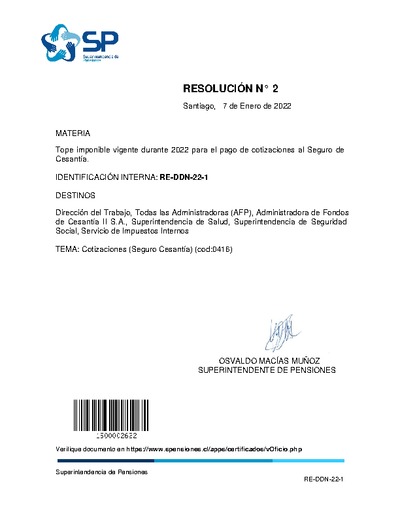 Resolución Exenta N° 2, del 7 de enero de 2022, que fija tope imponible vigente durante 2022 para el pago de cotizaciones al seguro de cesantía.