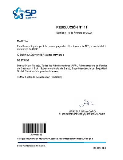 Resolución Exenta N° 11, del 9 de febrero de 2022, que fija tope imponible vigente durante 2022 para el pago de cotizaciones al seguro de cesantía.