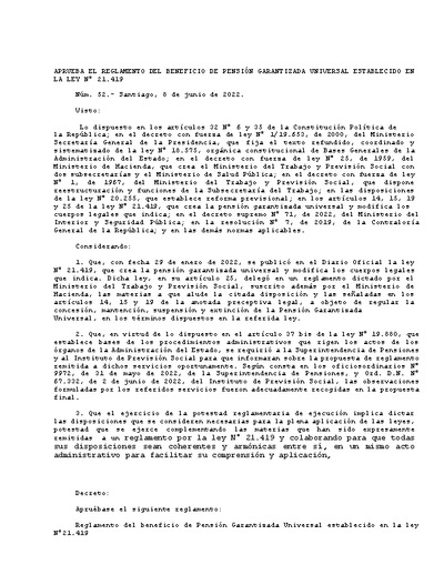 Decreto Supremo N° 52, de fecha 8 de junio de 2022, que aprueba el Reglamento del Beneficio de Pensión Garantizada Universal (PGU) establecido en la Ley N° 21.419.