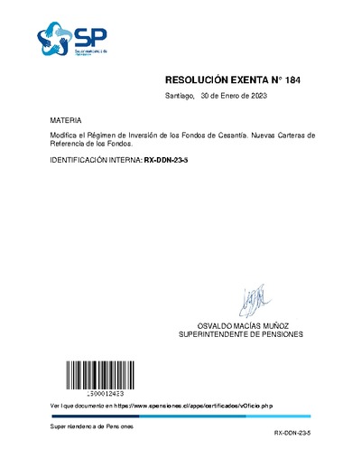 Resolución Exenta N° 184, del 30 de enero de 2023, que modifica el Régimen de Inversión de los Fondos de Cesantía. Nuevas Carteras de Referencia de los Fondos.