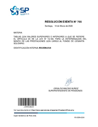 Resolución Exenta N° 755, del 14 de marzo de 2023, que actualiza tablas con valores superiores e inferiores a que se refiere el artículo 25 de la Ley N° 19.728, para la determinación del monto de las prestaciones con cargo al Fondo de Cesantía Solidario.