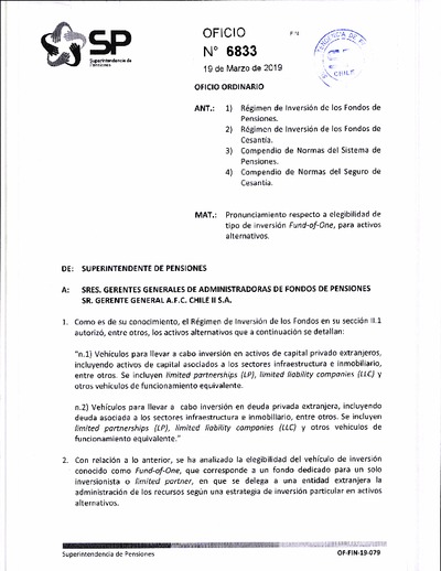 Oficio Ordinario N° 6833, del 19 de marzo de 2019