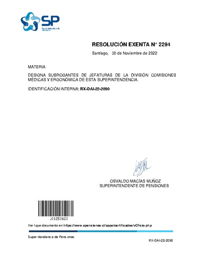 Resolución Exenta N° 2294, del 30 de noviembre de 2022, que designa subrogantes de jefaturas de la División Comisiones Médicas y Ergonómica de la Superintendencia de Pensiones.