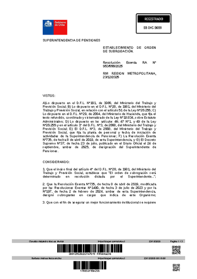 Resolución Exenta N° 953556, del 23 de diciembre de 2025, que establece orden de subrogación de la intendenta de Fiscalización de Prestadores Públicos y Privados de la Superintendencia de Pensiones.