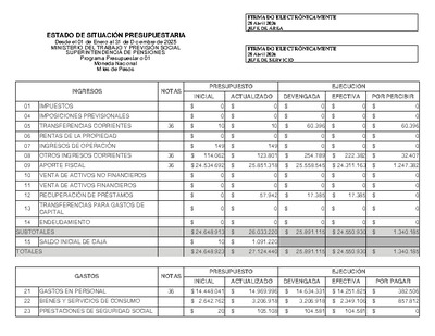 Estado de Situación Presupuestaria de la Superintendencia de Pensiones, desde el 1 de enero al 31 de diciembre de 2025.