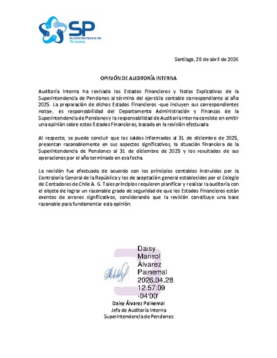 Opinión de Auditoría Interna sobre Estados Financieros y Notas Explicativas de la SP 2025.