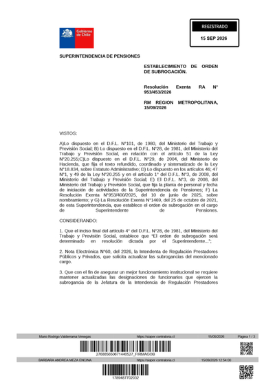 Resolución Exenta N° 953453, del 15 de septiembre de 2026, que establece orden de subrogación de jefaturas de la Intendencia de Regulación de Prestadores Públicos y Privados de la Superintendencia de Pensiones.