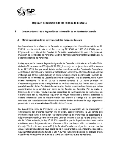 Régimen de Inversión Fondos de Cesantía vigente hasta el 30 de noviembre de 2012