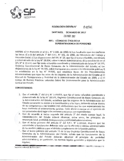 Resolución Exenta N° 496, del 28 de marzo de 2017, que establece y aprueba el Código de Ética y Probidad de la Superintendencia de Pensiones.